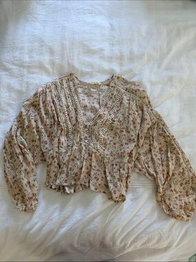 By Together Cream Floral Pintuck Peasant Blouse with Rust and Olive Sprigs